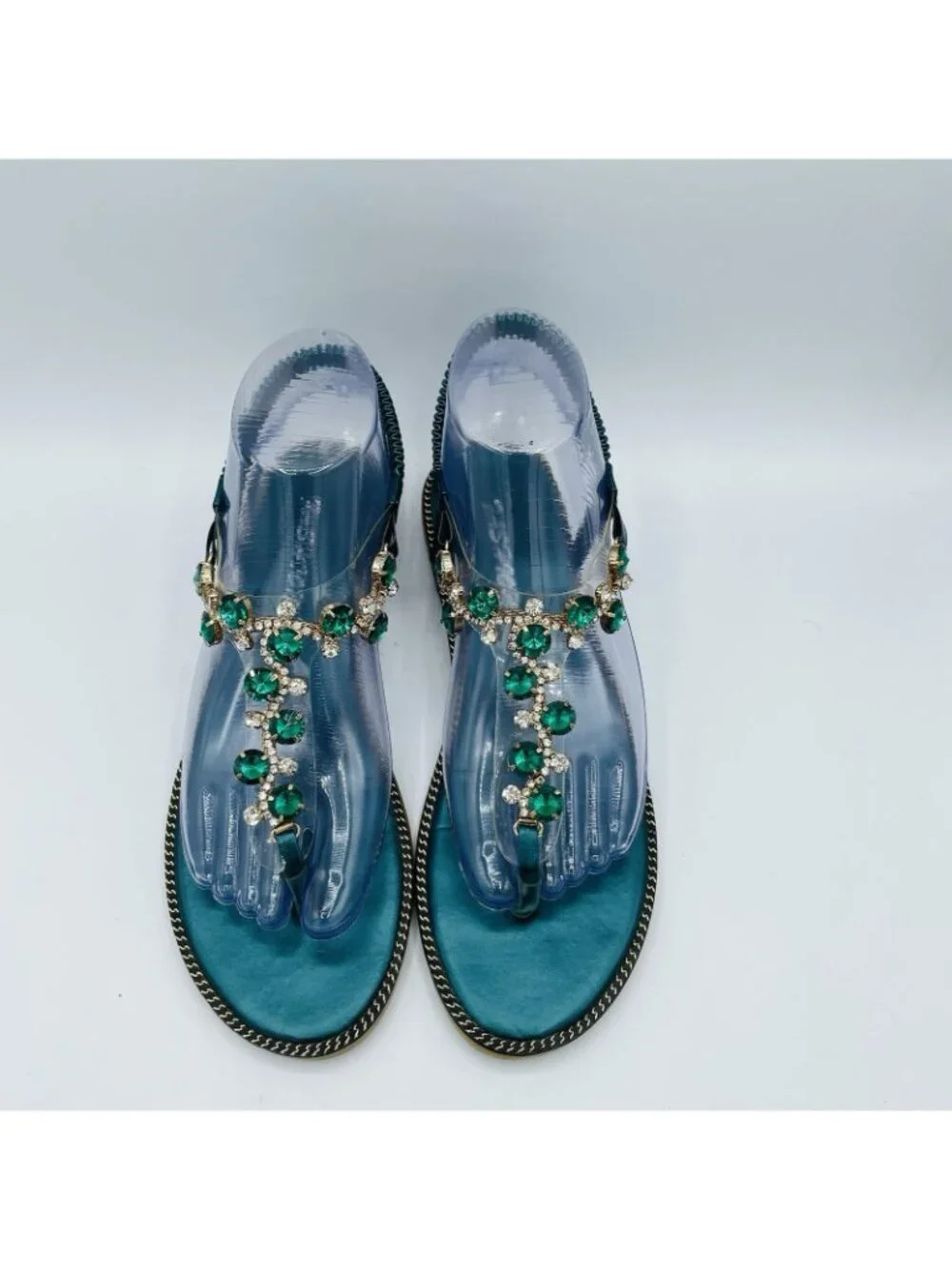 Fashion Shoes Womens Size 8.5 Green Thong Sandals Flats Jeweled Rhinestone Comfy